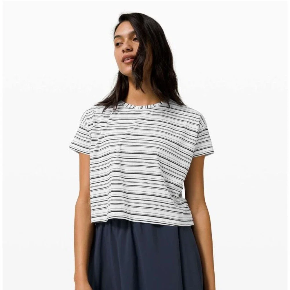 Lululemon Cates Tee Cut Back Stripe White Black T Shirt Crop Pima Cotton
